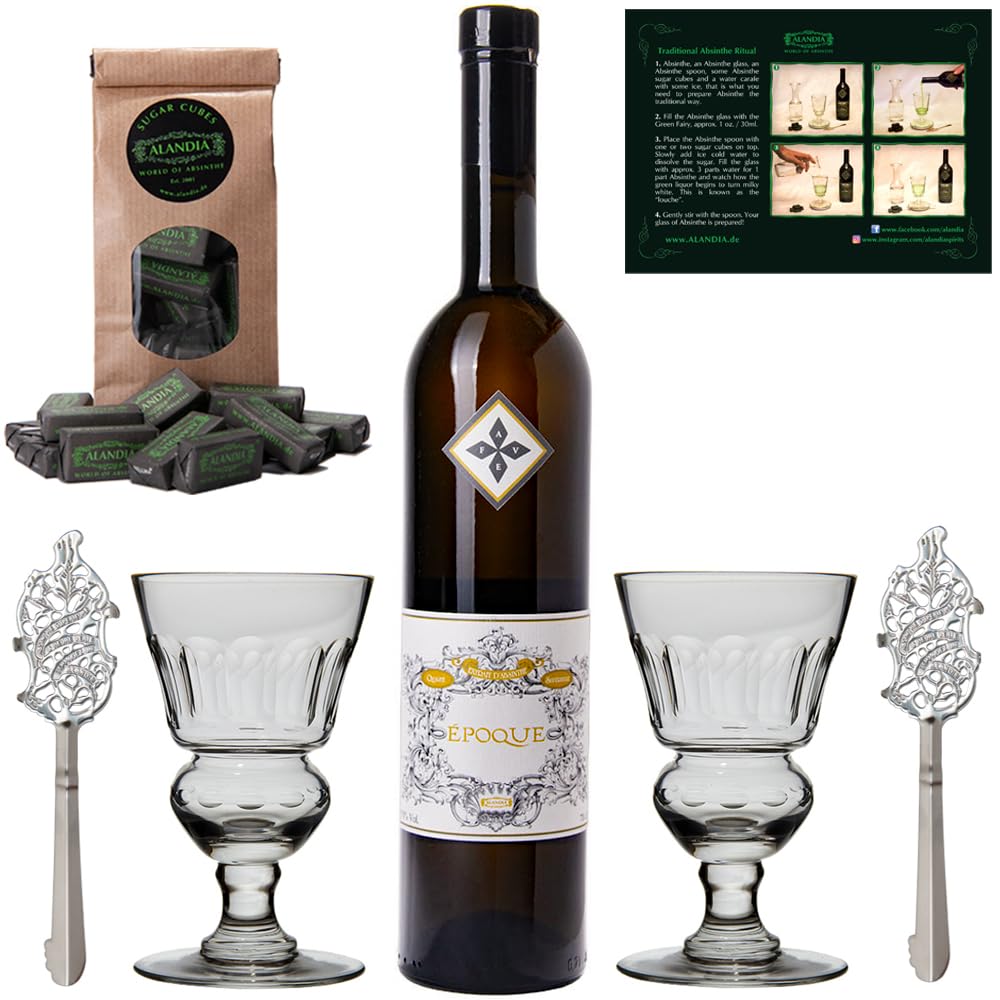Absinth Set Époque von ALANDIA | Gold-prämierter Absinthe aus Deutschland | Mit Vanille destilliert | 2x Mundgeblasene Gläser 2x Edelstahl Löffel 1x Zuckerwürfel | (1x 0,7 l)