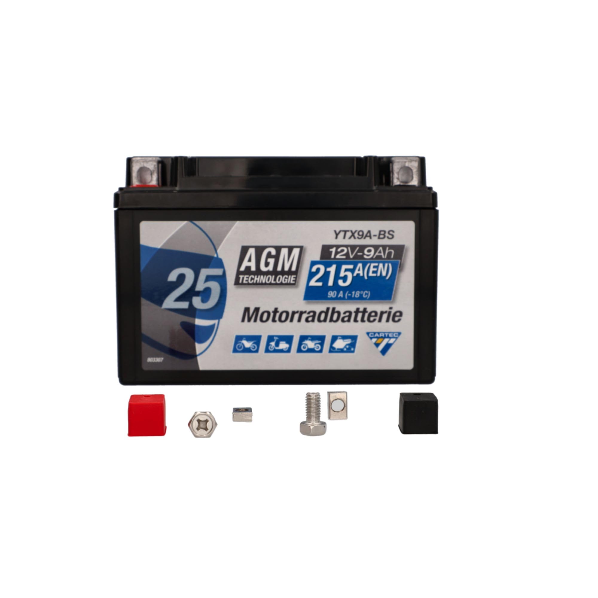 CARTEC YTX9A-BS AGM Motorradbatterie 9Ah 170A, wartungsfrei, auslaufsicher, vibrationsfest, hohe Kaltstartleistung, vorgeladen & versiegelt, für Motorrad, Roller, Scooter & Quad