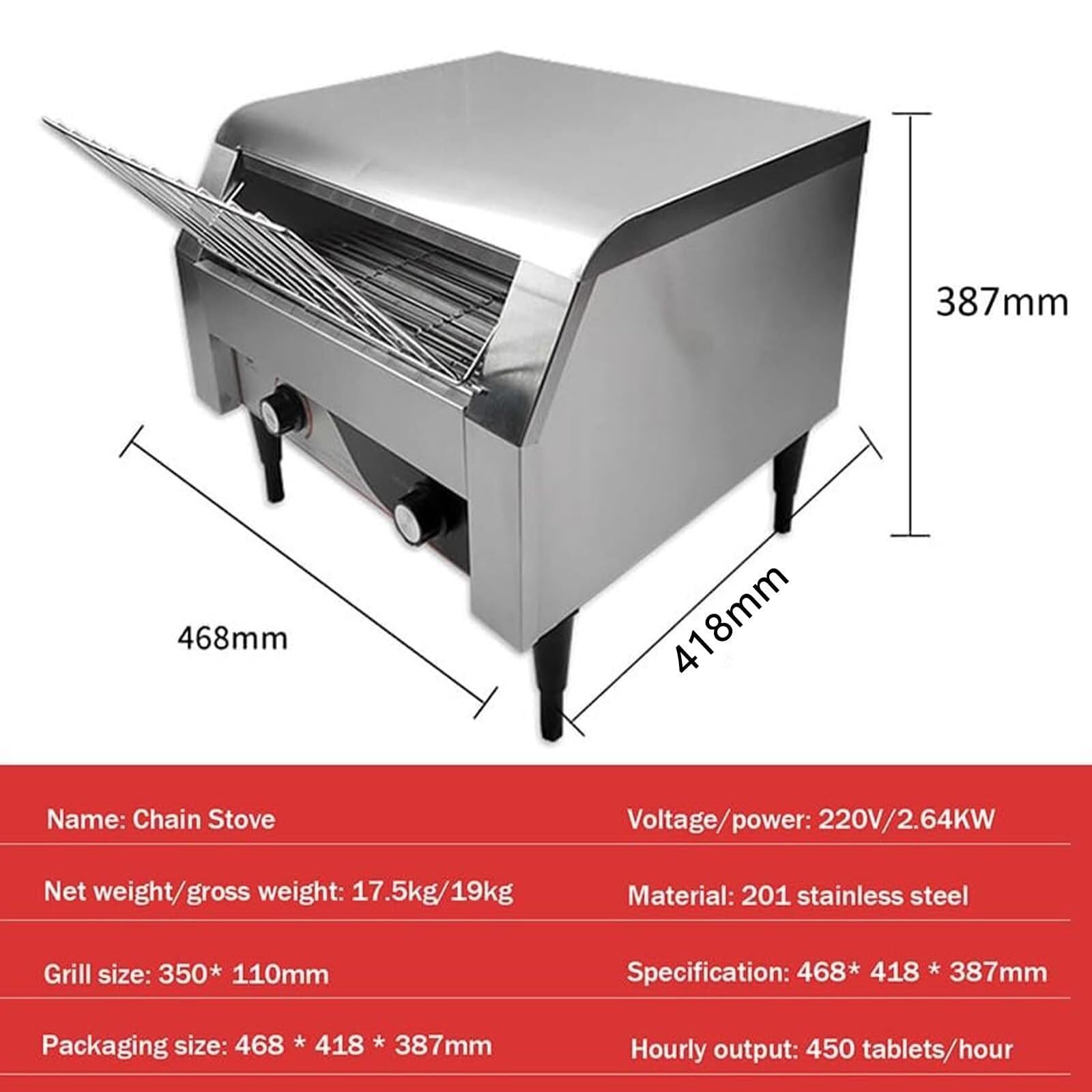 Tostadora eléctrica, tostadora automática, adecuada para el hogar, restaurante, cafeterías, acero inoxidable (450 piezas/h)