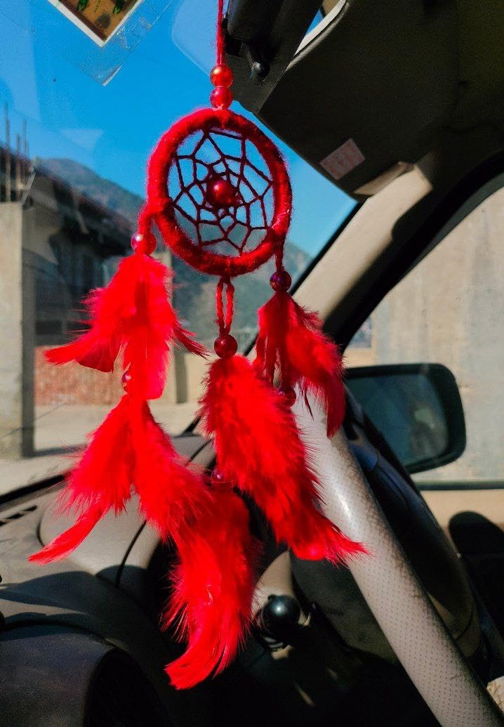 Manka Atado Handmade Dream Catcher: Medium Size, Red Color (Perfect for Home Decor, Car Hanging, Office Decoration, or as a Gift) 27 cm Long 6 cm Ring-image-46