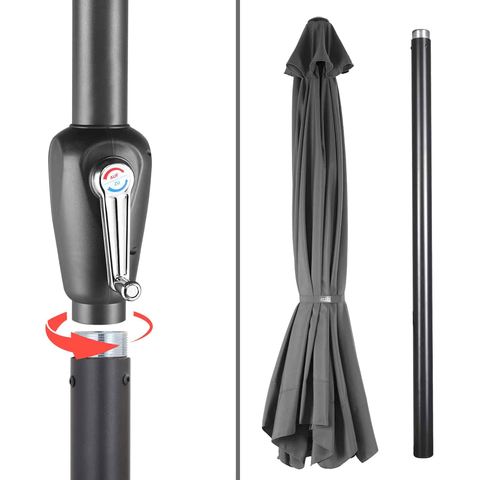 Kingsleeve Sonnenschirm UV Schutz 80+ Balkon Schutzhülle 330cm Strand Schirm Groß Wasserabweisend Kurbel Aluminium Windöffnung Gartenschirm Anthrazit
