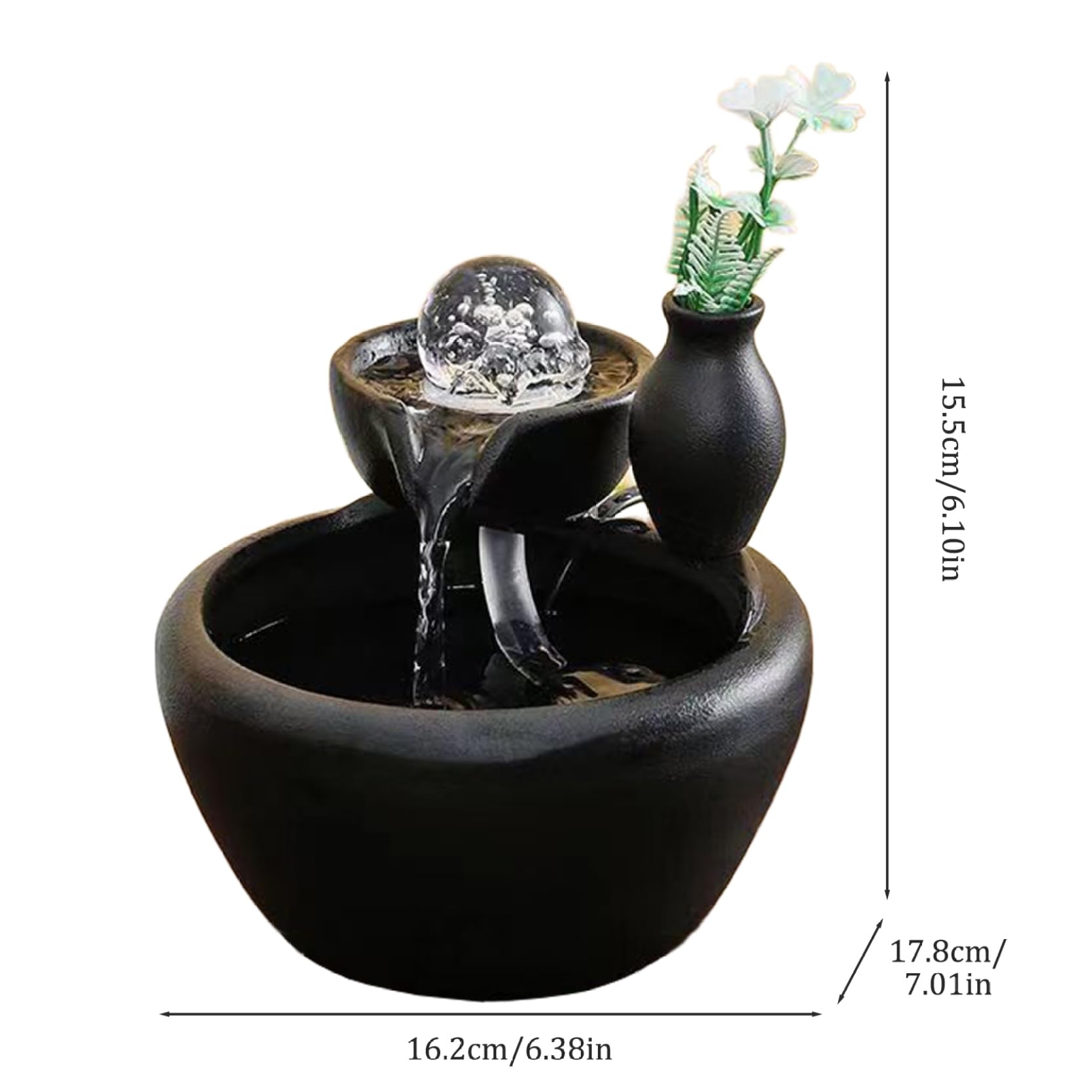 Fuente de Mesa Decorativa para Interior, Fuente de Agua con Cascada, de cerámica, con Bola de Cristal, Bomba de Agua, decoración para Oficina, Escritorio, 16,2 x 17,8 x 15,5 cm