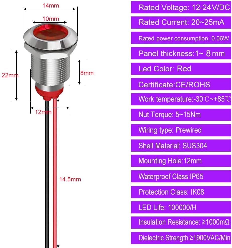 Gebildet 5pcs 12mm LED Metal Indicator Light AC/DC 12-24V Waterproof Signal Lamp Pilot Dash Directional with Wire(Red) image 5