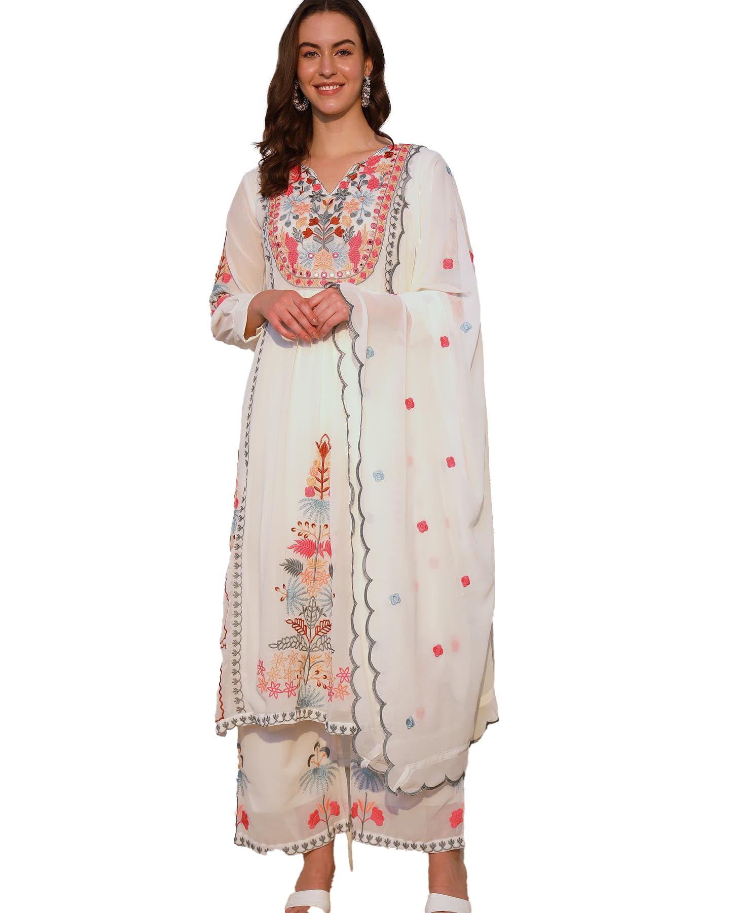 ROYALICA Women's Georgette Embroidered Straight Kurta with Pant and Dupatta Set