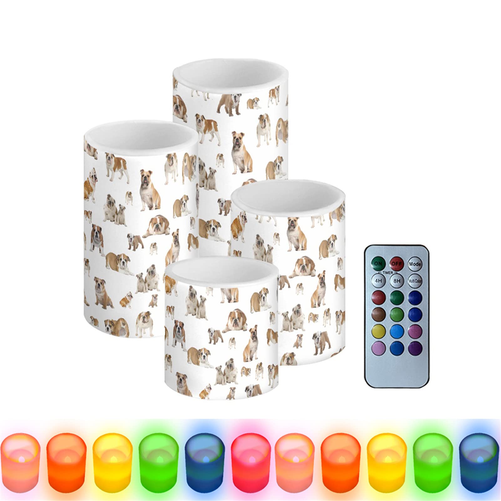 HUGS IDEA English Bulldog Flameless Candles LED Candles Battery Candle Set of 4, 18-Key Remote Control with 4/8-hours Timer,300+ Hours [Rainbow - Remote Control]