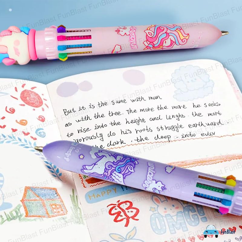 Image of FunBlast 10 In 1 Ball Pens for Writing - Cartoon Design Lightweight Ball Pen with Comfortable Grip for Extra Smooth Writing, Stationery for School & Office, Birthday Return Gift (Unicorn)