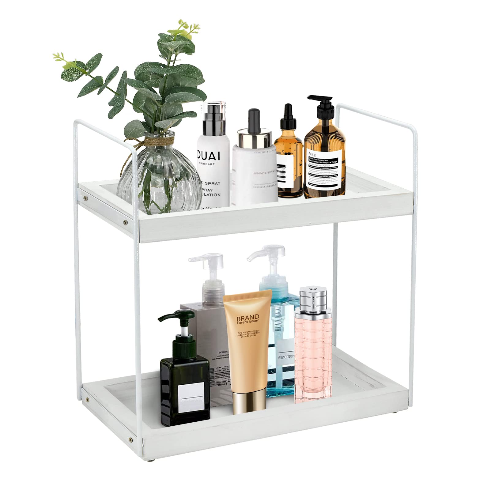 2 Tier Bathroom Countertop Organizer, Countertop Storage Shelf Cosmetic Organizer Holder, Bathroom Tray for Counter Standing Rack, Kitchen Spice Rack Storage Counter Shelf, White