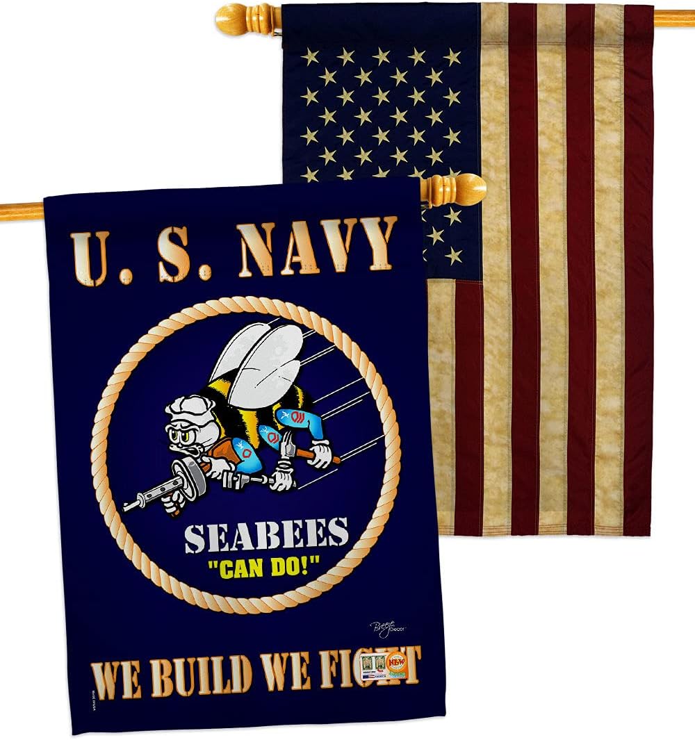 Sea Bees Garden Flag - 2pcs Pack Armed Forces Navy USN Seabee United State American Military Veteran Retire Official - House Decoration Banner Small Yard Gift Double-Sided Made in USA 13 X 18.5