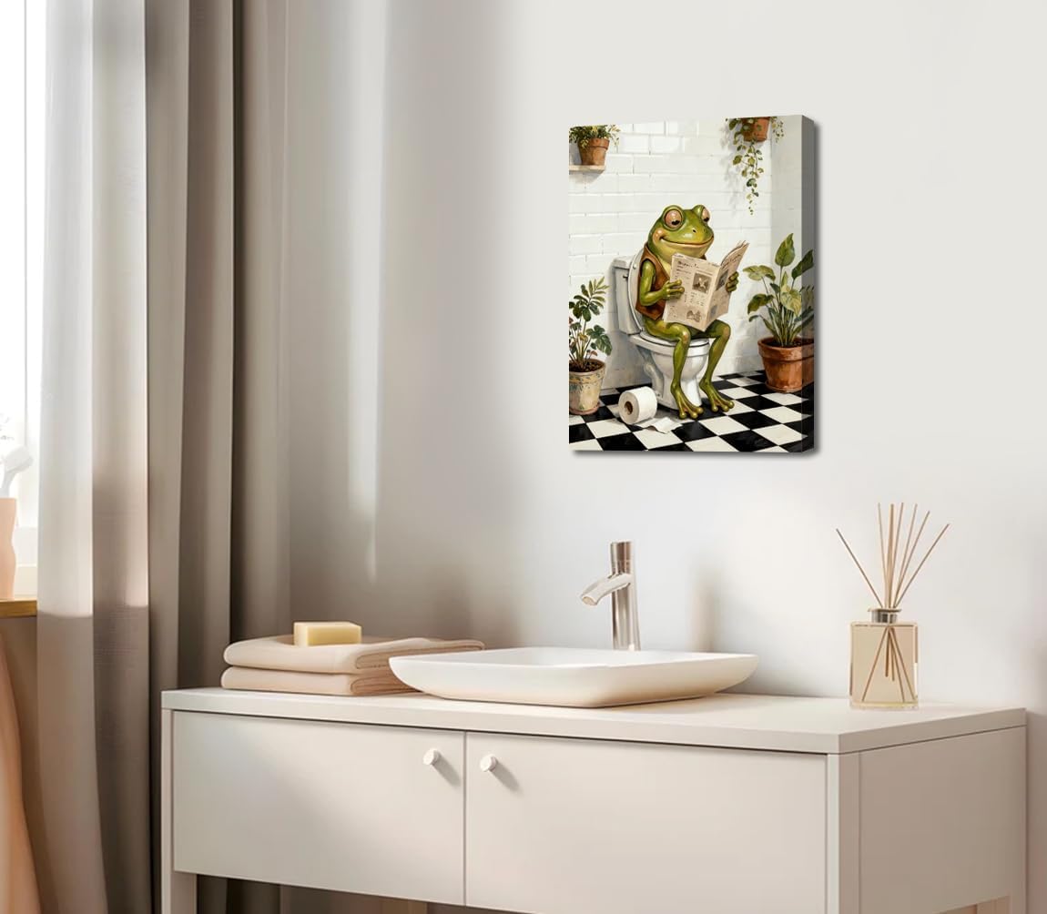 Funny Frog Bathroom Wall Art Prints,Bathroom Decor Wall Art Frog on Toilet Reading Newspaper Canvas Painting,Framed Animal Art Pictures For Bathroom Washroom Restroom Decor(12"X16")