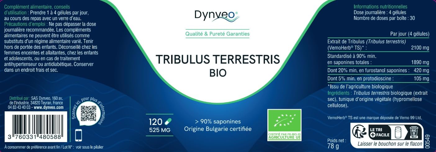 Tribulus Terrestris BIO 90% Saponines – Extrait Hautement Titré – Tonus, Libido & Performances - 525 mg - VemoHerb®TS - 100% Clean Label Sans Additifs - 120 gélules (1 à 2 mois) - Dynveo
