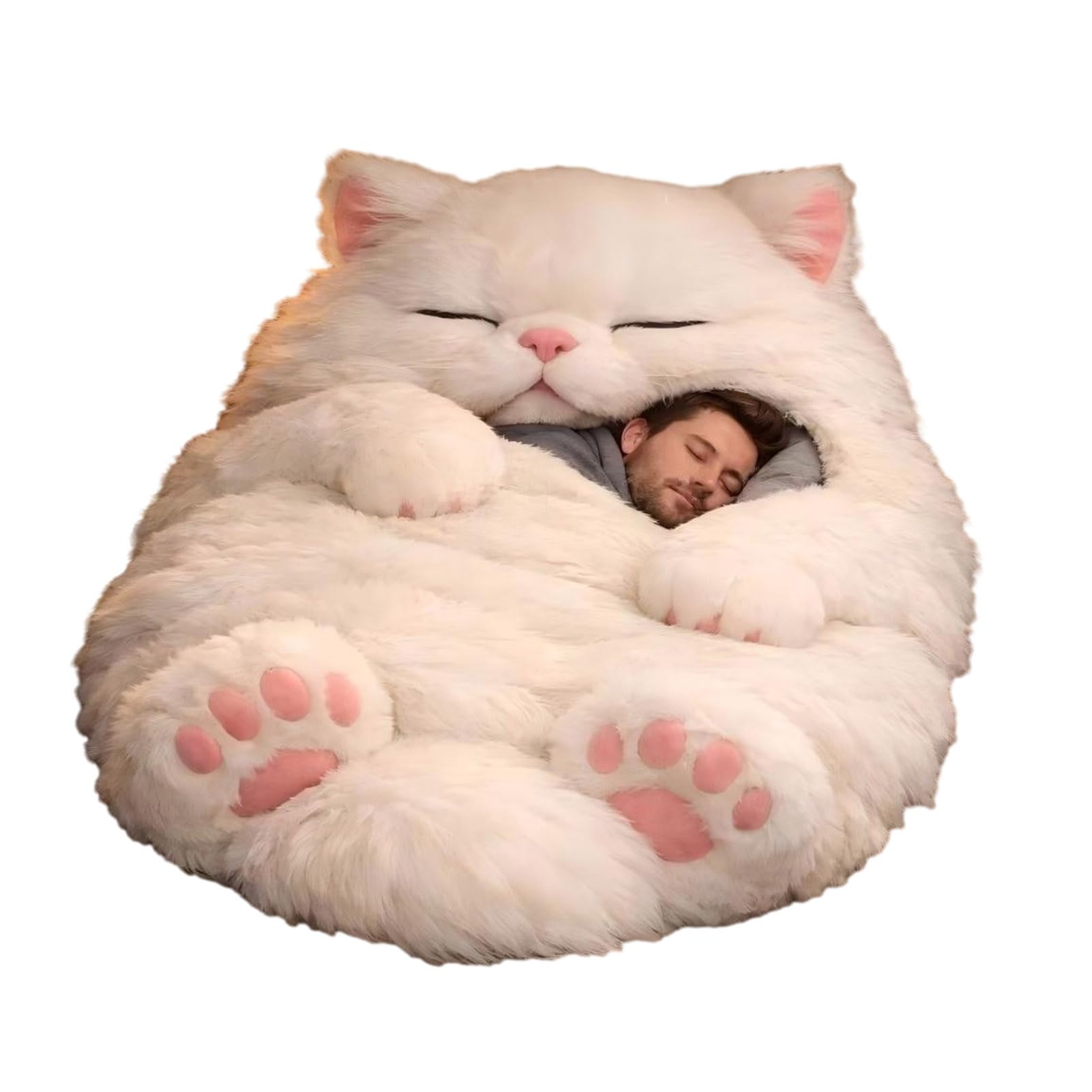 Plush Cat Sleeping Bag for Adults Envelope Blanket for Camping & Lounging, White - Image 2