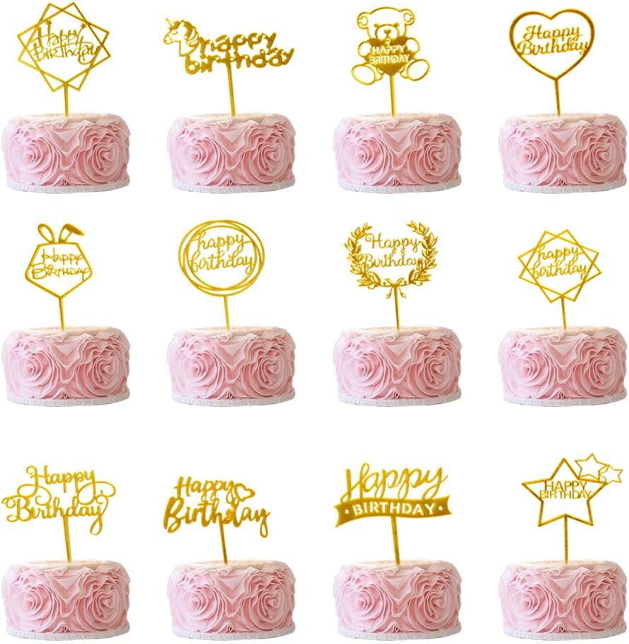 Happy Birthday Cake Topper, Gold Cake Topper for Birthday Cake Decorations, Acrylic Cupcake Topper for Boy Girl Baby Shower Party Glitter Supplies