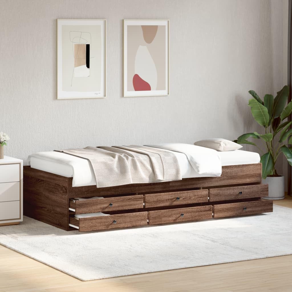 2w1 szuflady rozkładana sofa 6 szuflad brązowy dąb 90x200 cm | Leżanka sofa z szufladami 90x200 brązowy dąb, bez materaca, rozkładana, pojemna, do salonu