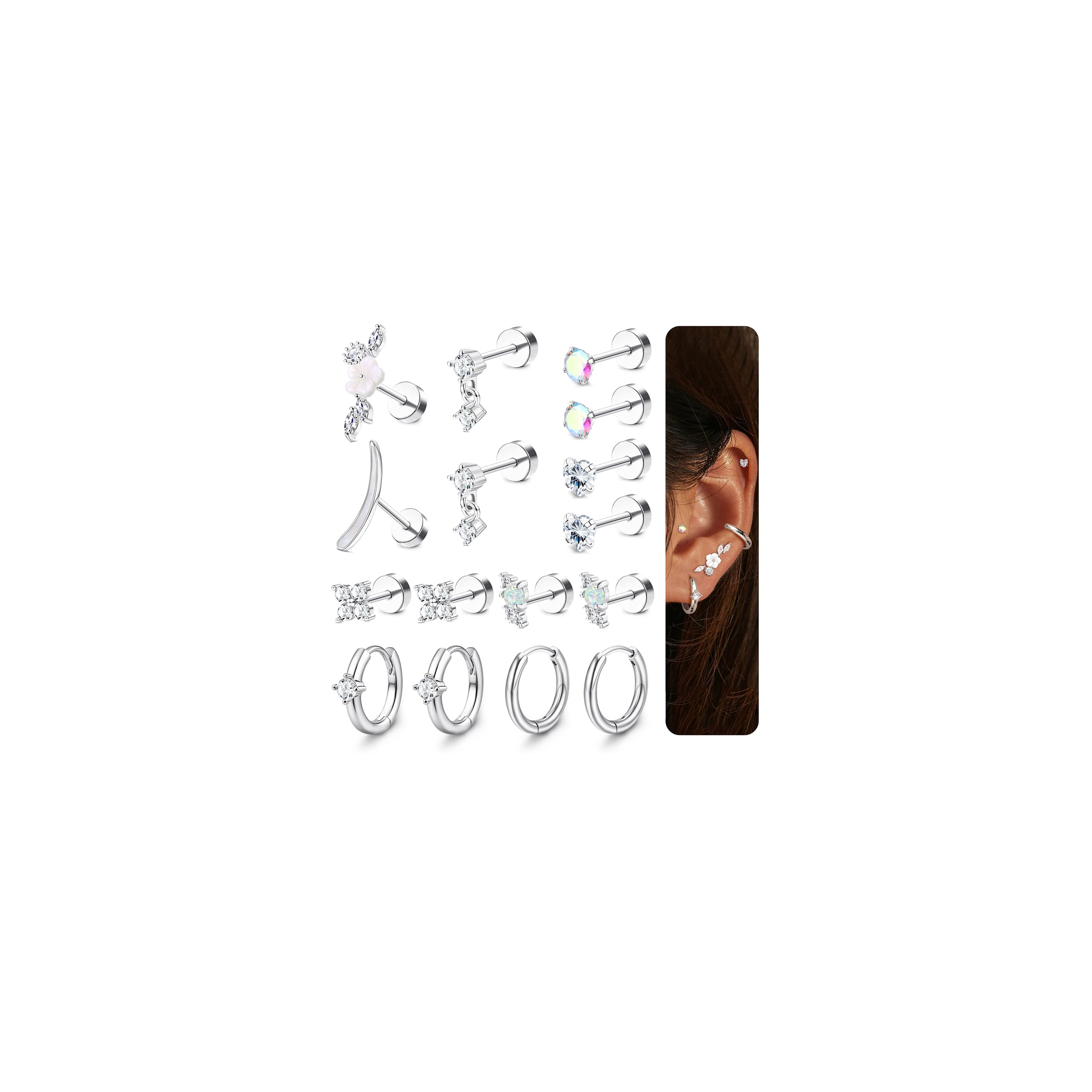 MILACOLATO Helix Piercings Gold Silber Piercing Ohr Chirurgenstahl Ohrstecker Creolen Ohrringe für Damen CZ Blume Opal Knorpel Conch Helix Tragus Piercing Set für Mehrere Ohrlöcher