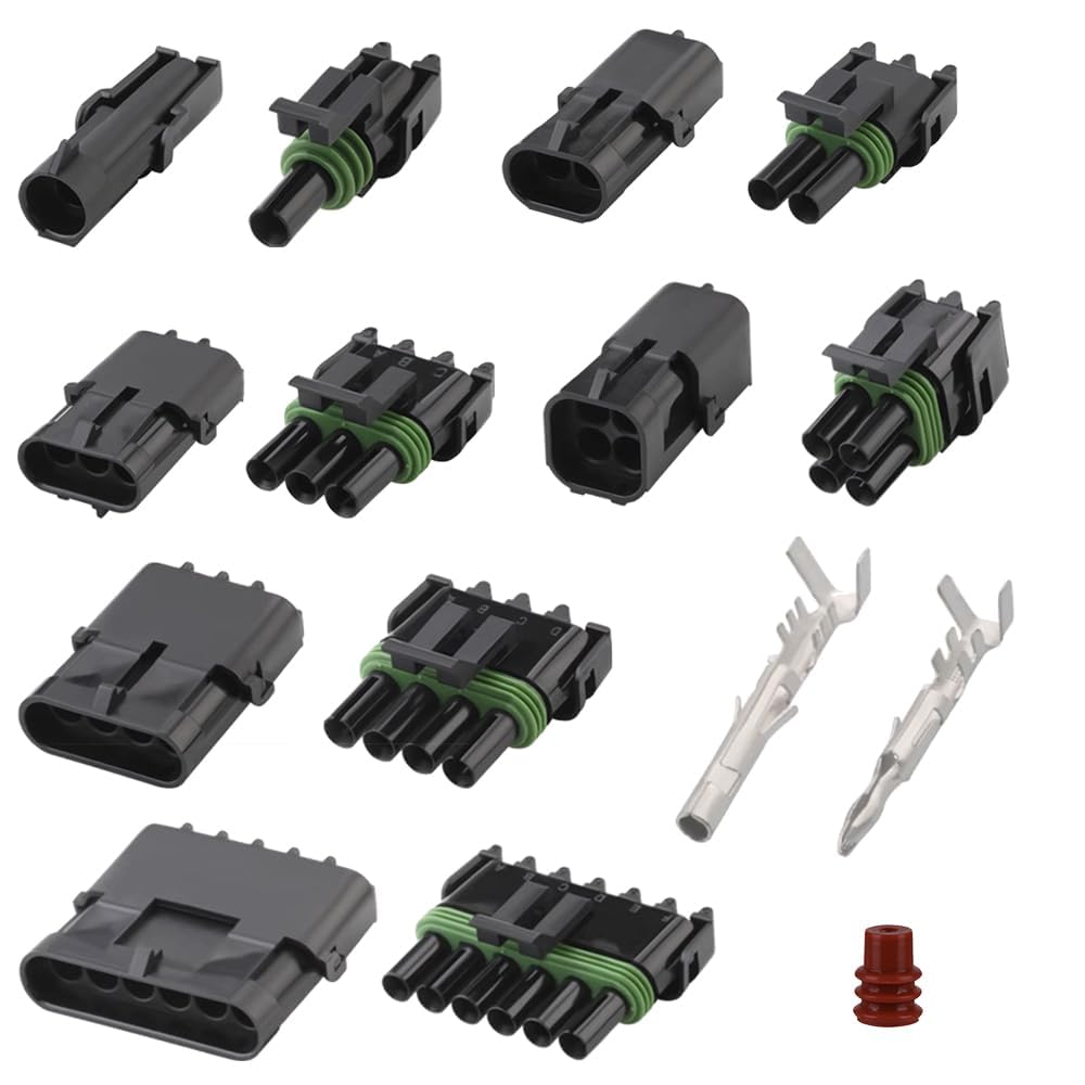 WeatherPack Steckverbinder-Set (28-teilig) – Wasserdichte, abgedichtete Kfz-Steckverbinder, 1/2/3/4/6-polig (Stecker & Buchse), Kabelbaum (22–14 AWG), Zündkerzenstecker-Set