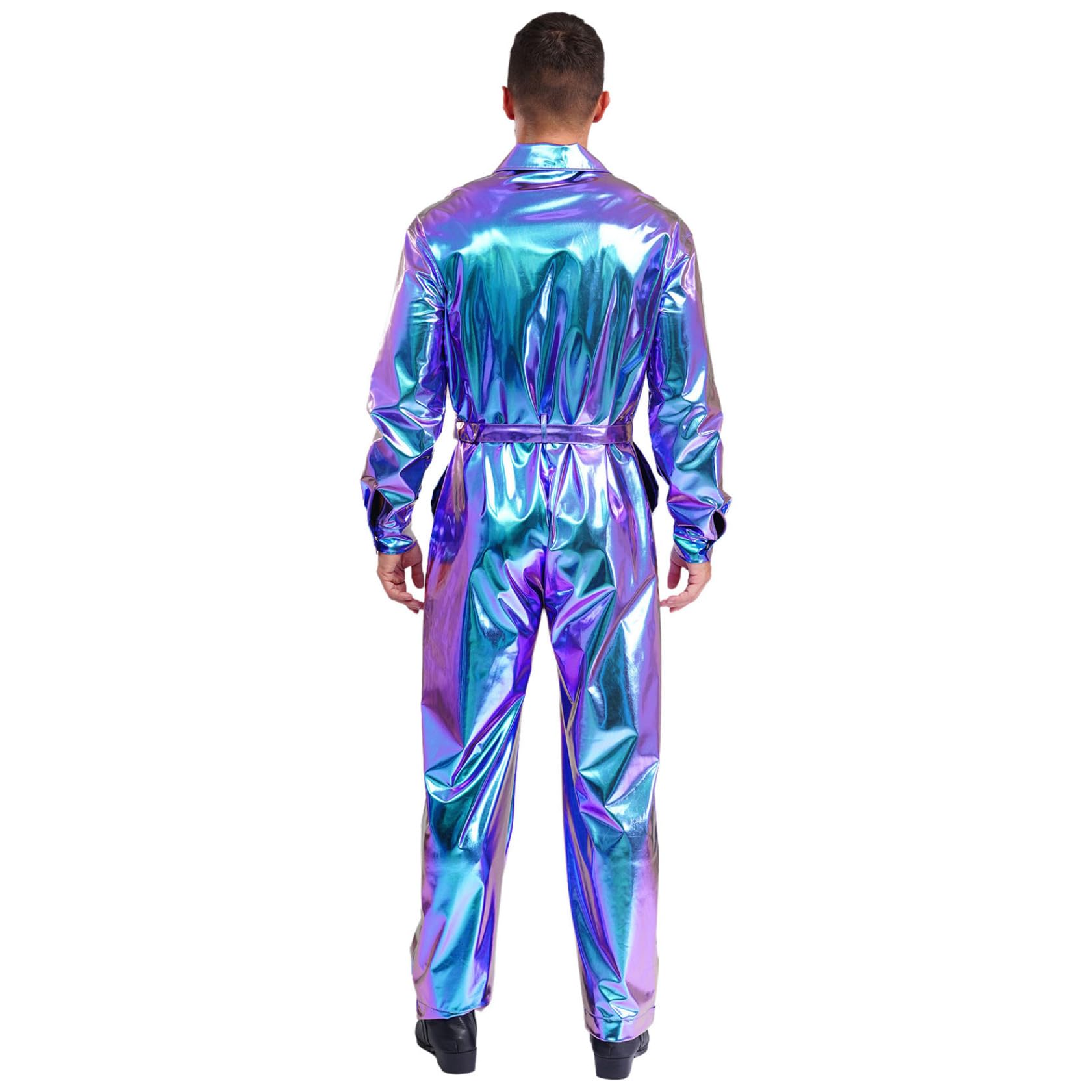 Sywiyi Traje de una pieza para hombre, mono largo, brillante, traje de trabajo metálico, disfraz de discoteca, carnaval