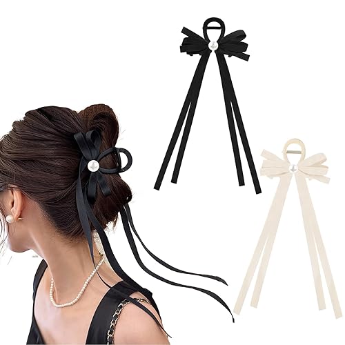MHDGG 2 pinzas para el pelo con lazo de perlas para mujer, cinta con borla, lazos con cola larga, accesorios para el cabello largo, pasadores,