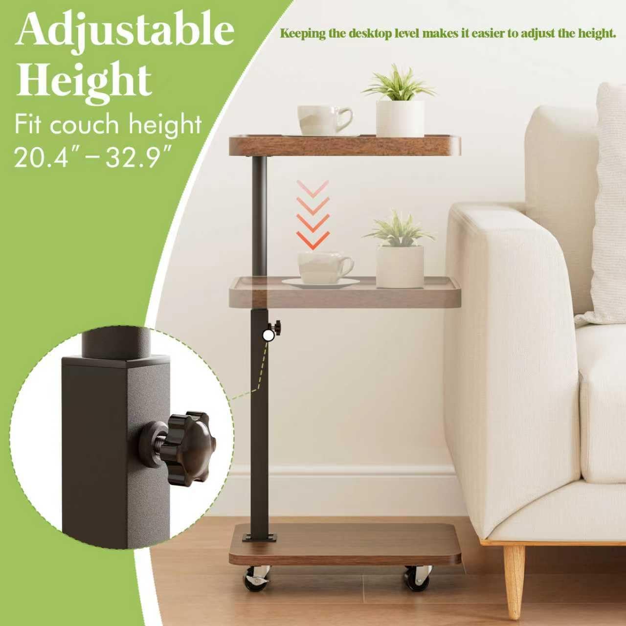 TV Tray Table for Eating,Sofa Armrest & 360° Swivel &Height Adjustable End Side Table for Couch,Snack Table for Sofa, Bedroom, Living Room, C Shaped End Table(Brown+Black)