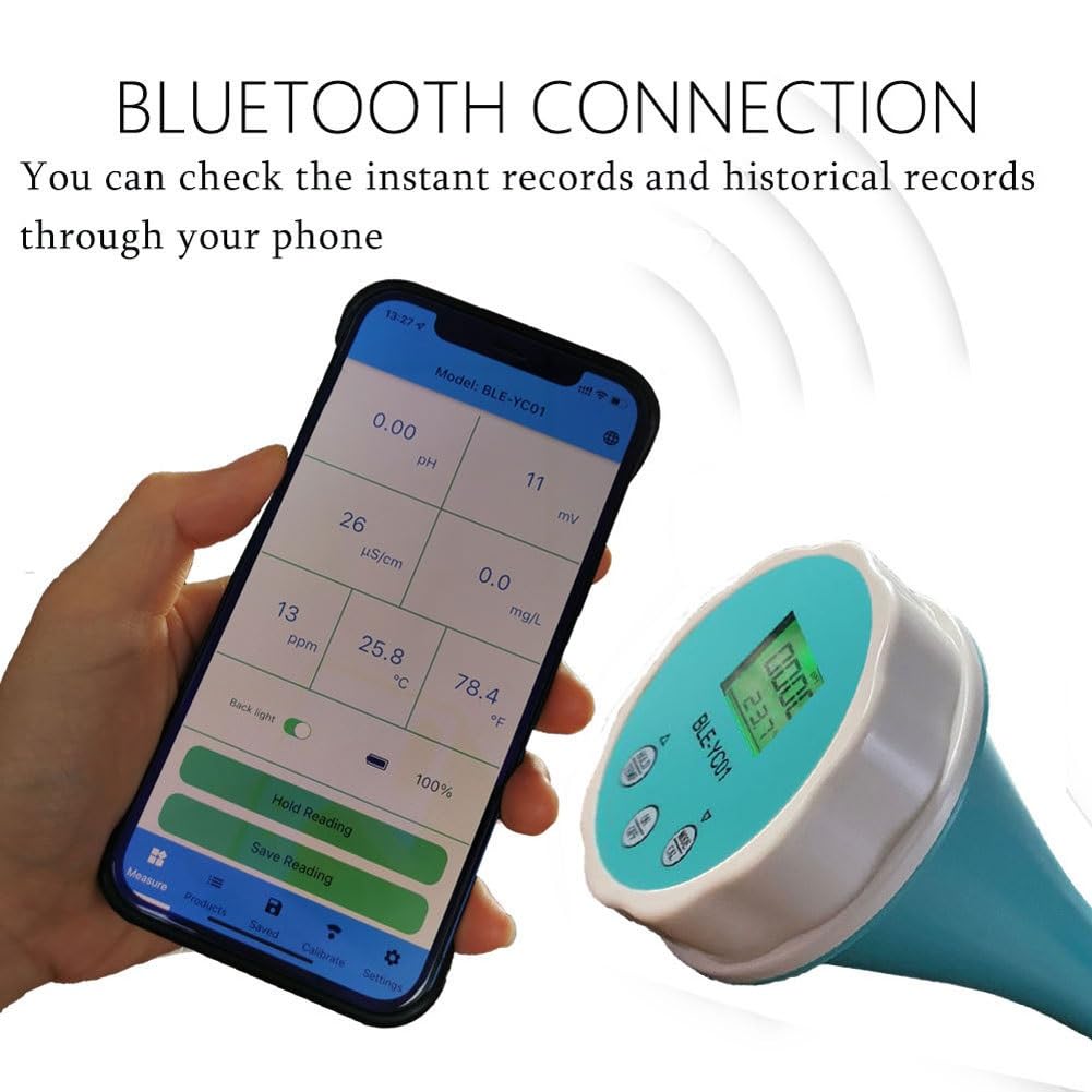 Probador de calidad de agua de piscina inteligente 6 en 1,termómetro de piscina, monitor de piscina Bluetooth,temperatura PH CL EC TDS ORP, cloro de temperatura digital for piscina,acuario,laboratorio