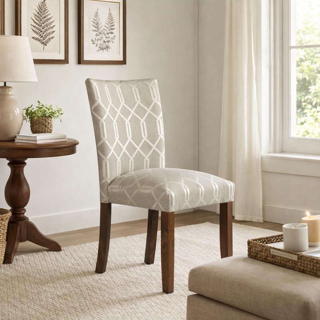HomePop Parsons Classic Upholstered Accent Dining Chair, Set of 2, Pewter Grey and Lattice Cream