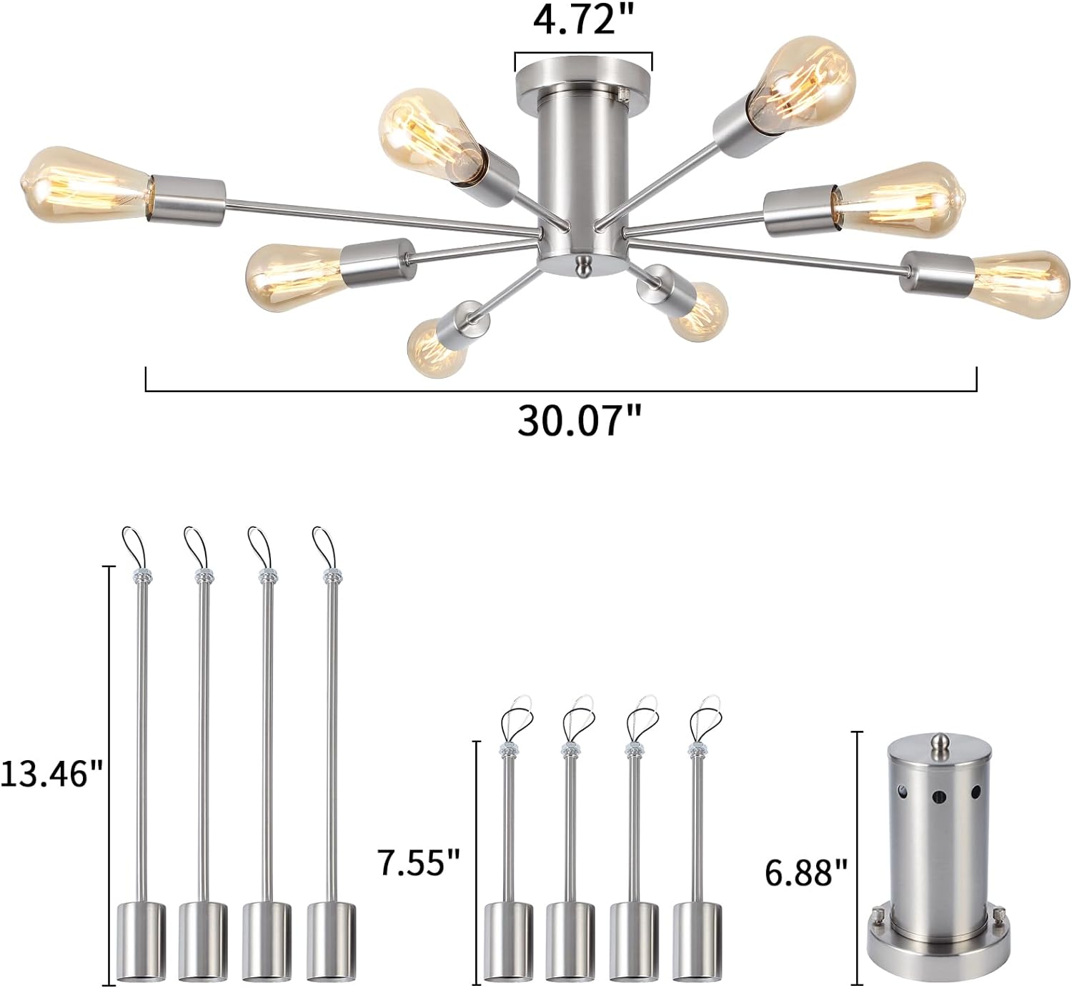 Nickel 8-Light Geometric Sputnik Semi Flush Mount Chandelier