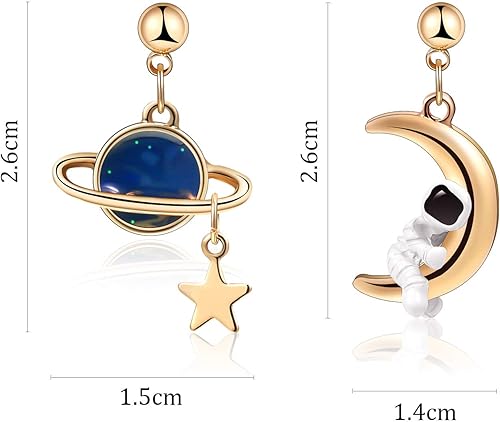 Miniatura 2 de 4 pares de aretes de astronauta asimétricos de astronauta, estrella y luna, aretes colgantes para mujer