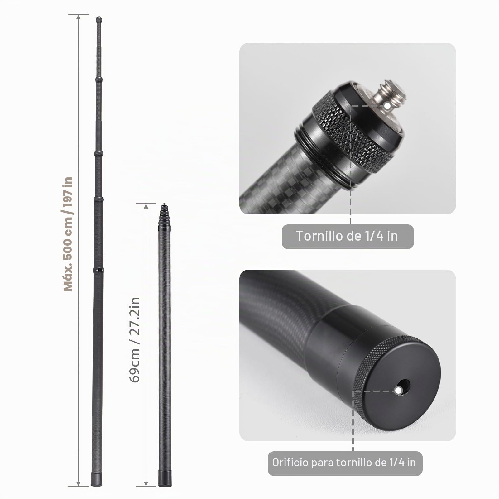 Andoer Palo selfie invisible de 500 cm, palo para selfies, soporte de fibra de carbono, soporte para cámara con tornillo de 1/4 pulgadas, compatible con GoPro/Insta360 X2/X3/X4 y otras cámaras