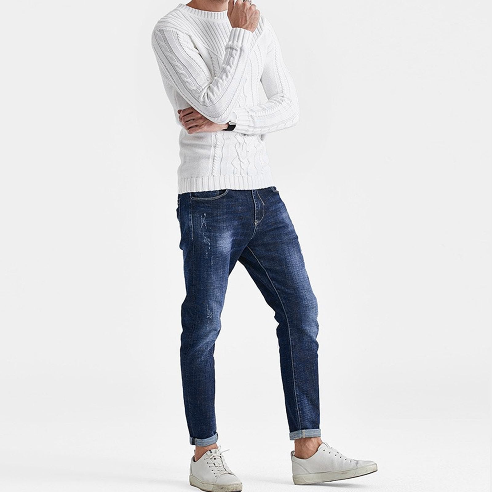Maglione da uomo a girocollo lavorato a maglia, grosso, caldo e accogliente | Stile spesso invernale, maniche lunghe raglan, tinta unita di base, maglione casual lavorato a maglia con bordo a costine