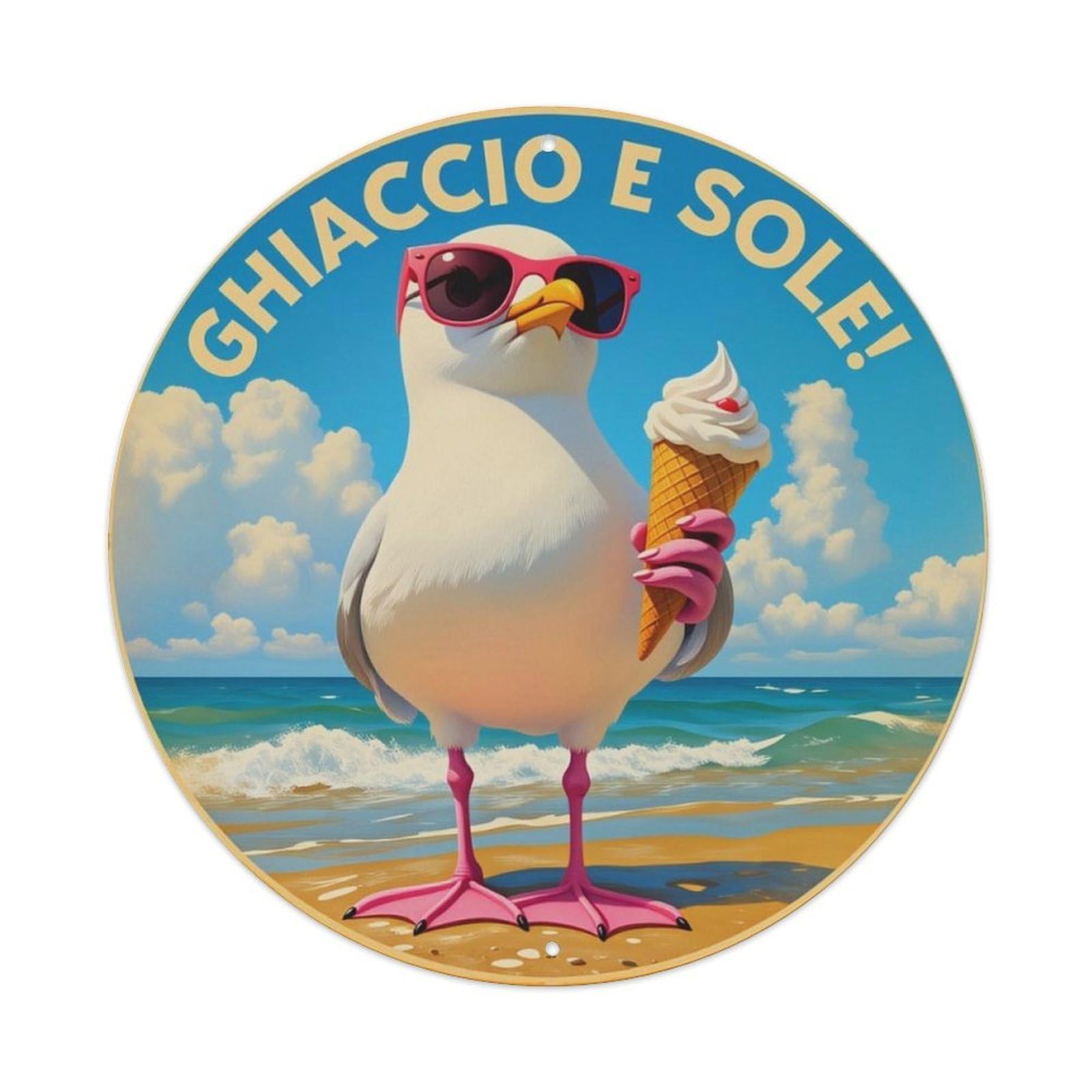 Summer Beach Seagull Ice Cream Italian Round Decor Sign Vintage Aluminium Metal Sign, Retro Wall Decor for Home, Bar, Garage & Farmhouse 20x20cm