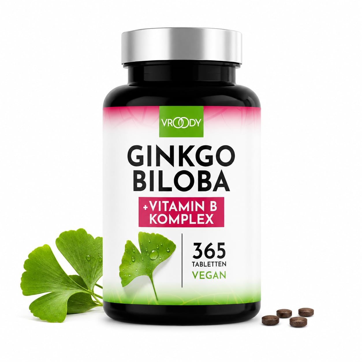 VROODY estratto vegano di Ginkgo Biloba ad alto dosaggio - la vitamina B12 contribuisce a ridurre la sensazione di stanchezza e di spossatezza - 365 piccole compresse, di facile assunzione
