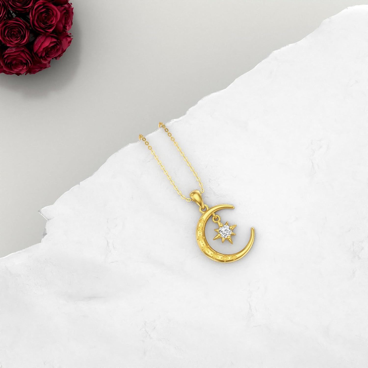 DOVRAN 14K Yellow Gold Moon Star/Sun Necklace for Women Solid Real Gold Moissanite/Opal Pendant Jewelry Christmas Gifts for Wife Mom - Image 3