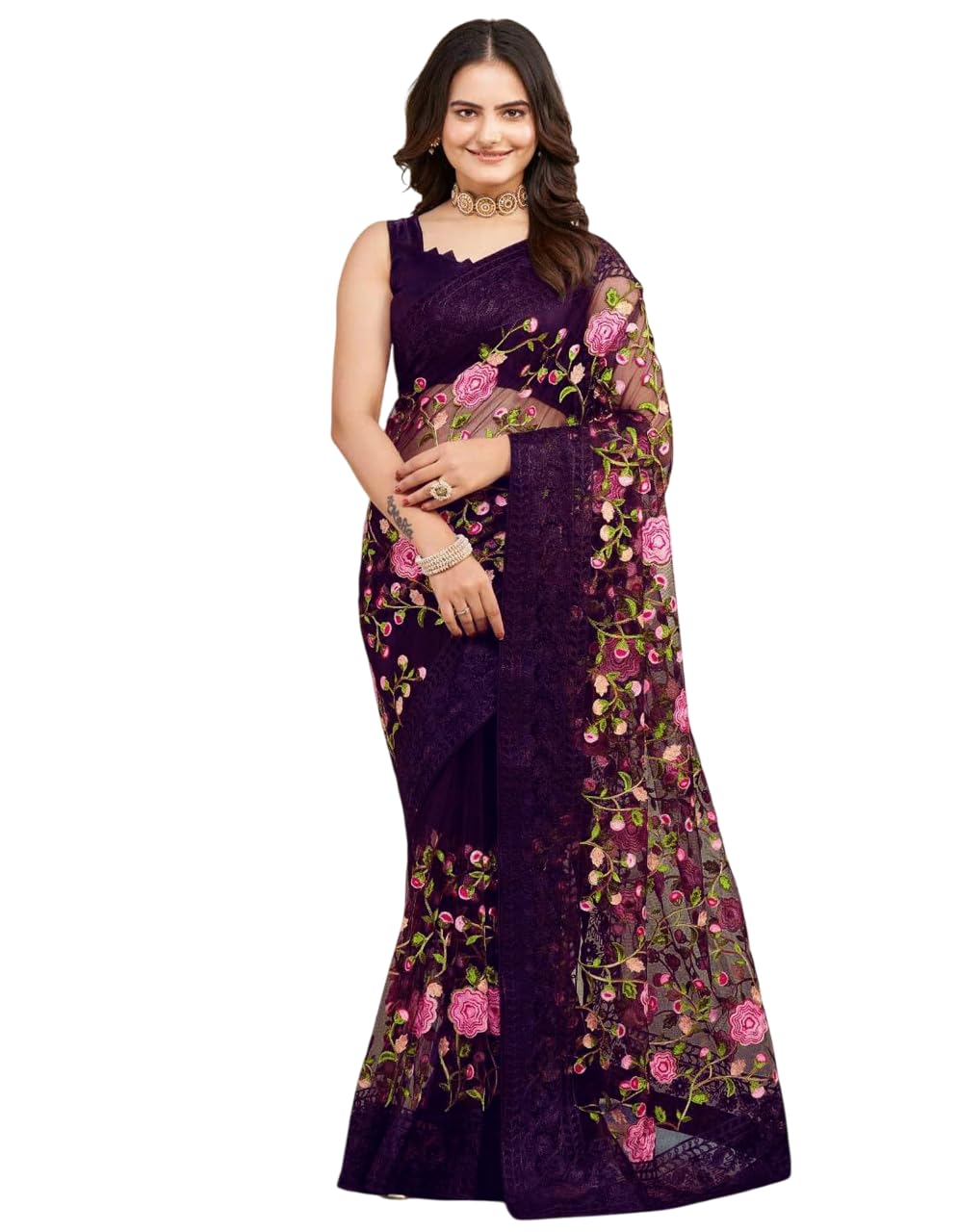 julee Womens Graceful Embroidery Net Saree With Mono Banglory Blouse-picture-30