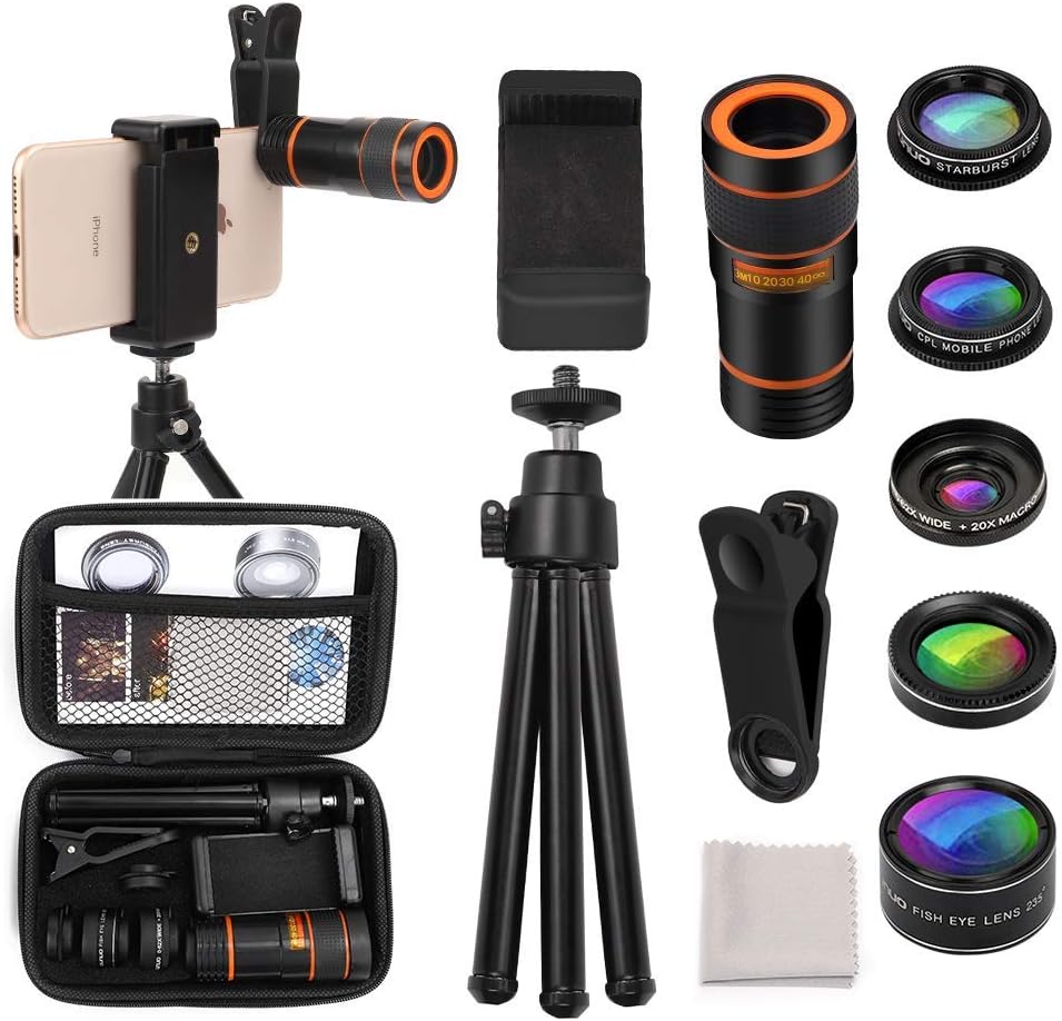 Cell Phone Camera Lens Kit, OUNUO 6 in 1 Kit 12X Zoom Telephoto Lens + 235° Fisheye Lens + 0.62X Wide Angle Lens + 20X Macro Lens + Professional CPL Lens + Starburst Lens + Phone Holder (Black-6 in 1)