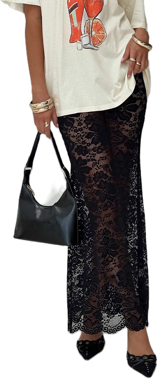 Women Lace Long Skirts Y2k Sheer Maxi Skirt Sexy See Through Beach