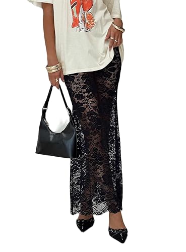 Women Lace Long Skirts Y2k Sheer Maxi Skirt Sexy See