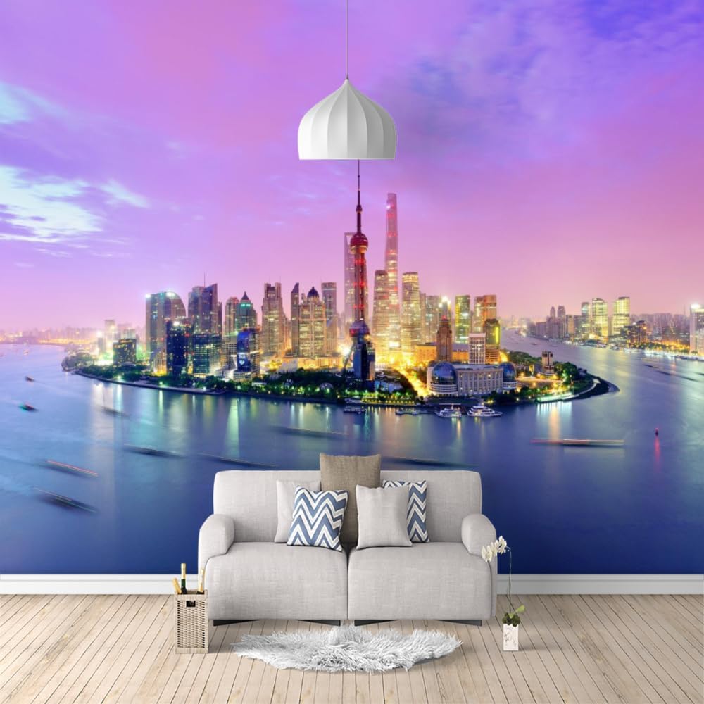 City Building 3D Wallpaper, Lake Sunset Removable Self Adhesive Wall Sticker-Peel and Stick Wallpaper, Fadeless Odorless for Bedroom Mural Home Decor,78.7" W x55.2 H