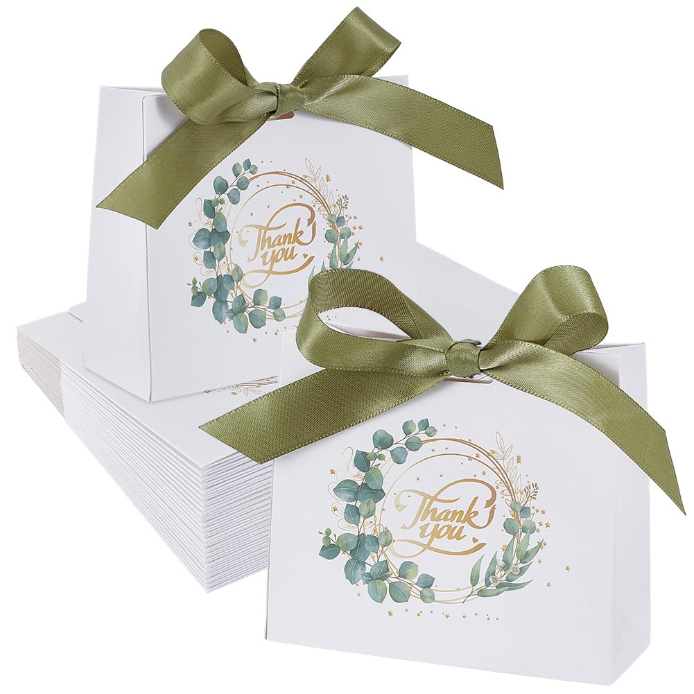 FREEBLOSS 100 Packung Kleine Gastgeschenktüten Mit Grüner Schleife Und Eukalyptusblättern Ideal als Gastgeschenk Für Hochzeiten Geburtstage Babypartys Oder als Mitbringsel (4.5" x 1.8" x 3.9" cm).