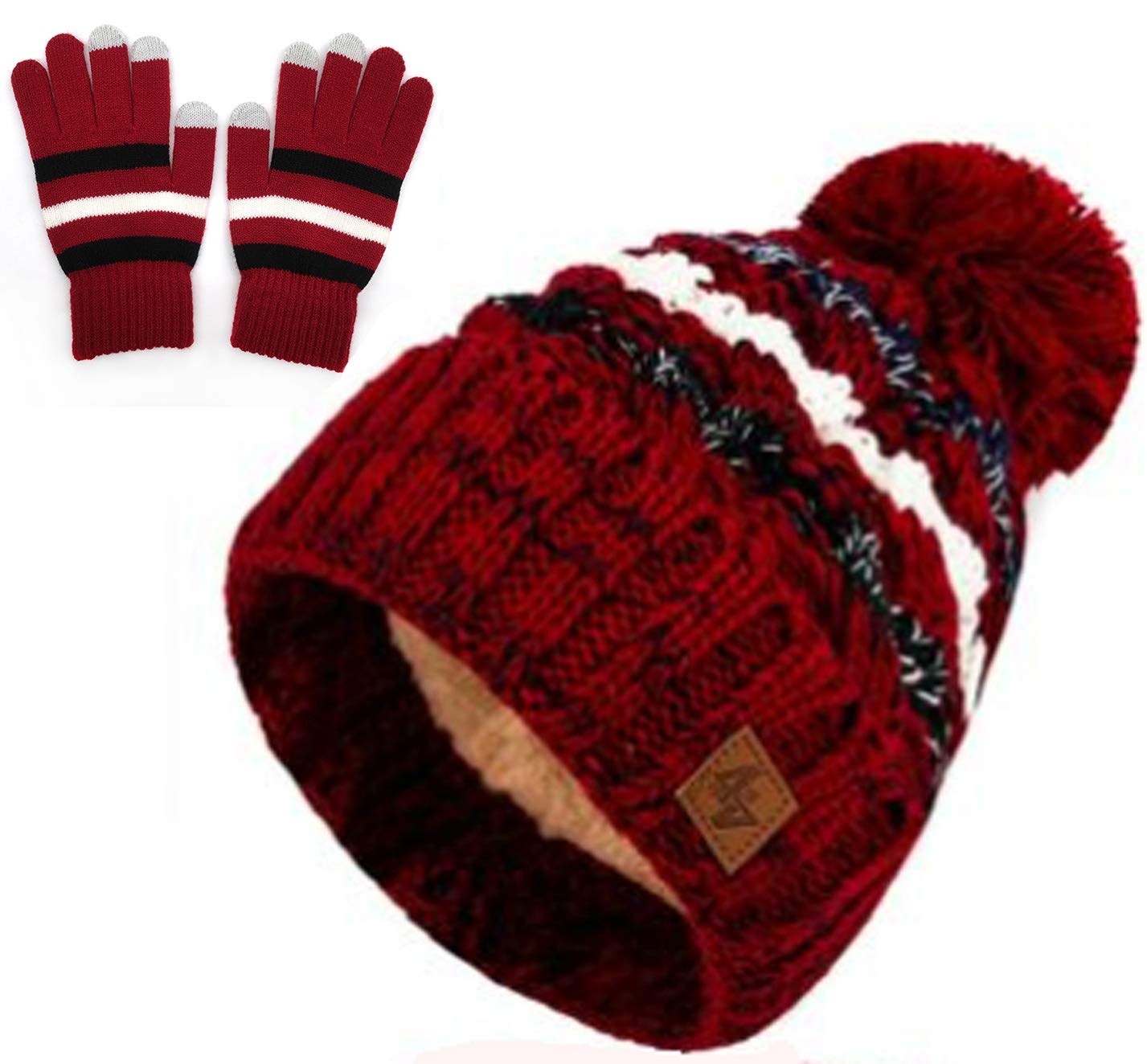 MFAZ Morefaz Ltd Winter Set Hat & Gloves Men Women Beanie Hat Worm Knitted Hats Fleece Pom Pom (Set Hat&Gloves Maroon)