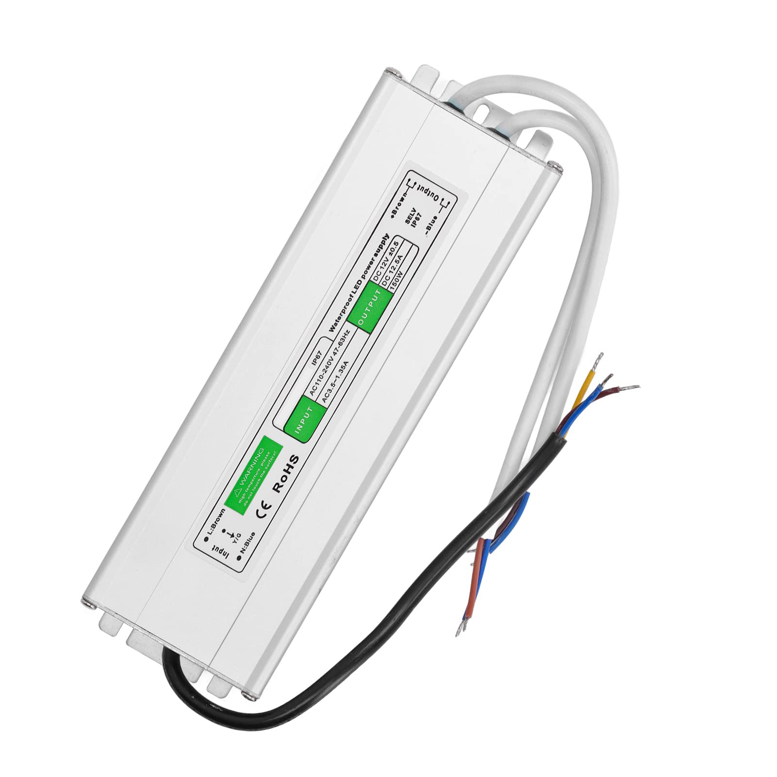 Transformador de controlador de potencia LED, 150 W, resistente al agua IP67, carcasa de aluminio, protección contra sobrecargas, fuente de alimentación para tiras de luces LED, (12V-150W)