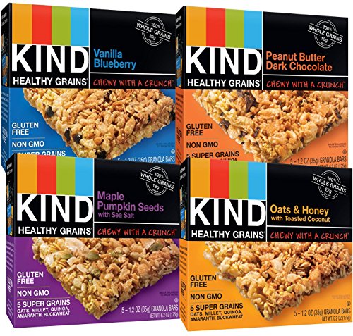 KIND Healthy Whole Grains Granola Snack Bars, (Count 4) Variety Pack with Peanut Butter and Dark Chocolate, Vanilla Blueberry, Oats & Honey and Maple Pumpkin Seeds Flavors