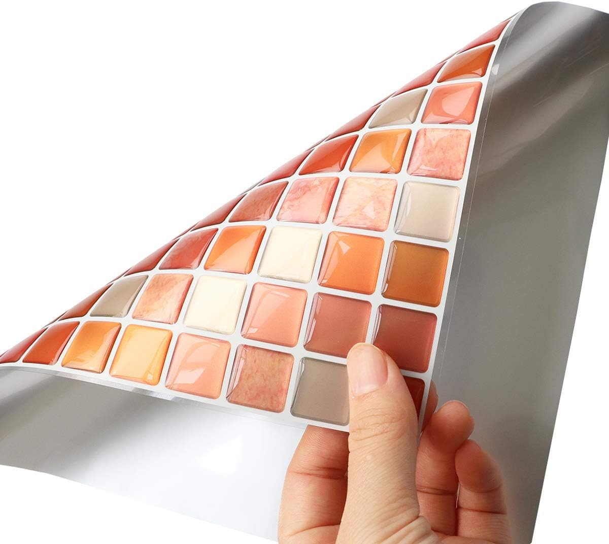 Yoillione 3D Mosaic Tile Sticker Removable Wallpaper Tile Orange, 3D Self Adhesive Wall Tiles Bathroom Wall Tiles for Kitchen Backsplash Orange, PVC Square Decorative Vinyl Decals, 4 Sheets
