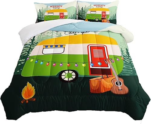 Juego de ropa de cama con diseño de dibujos animados 3D para niños, diseño de camping feliz, ultra suave, para todas las estaciones, juego de cama