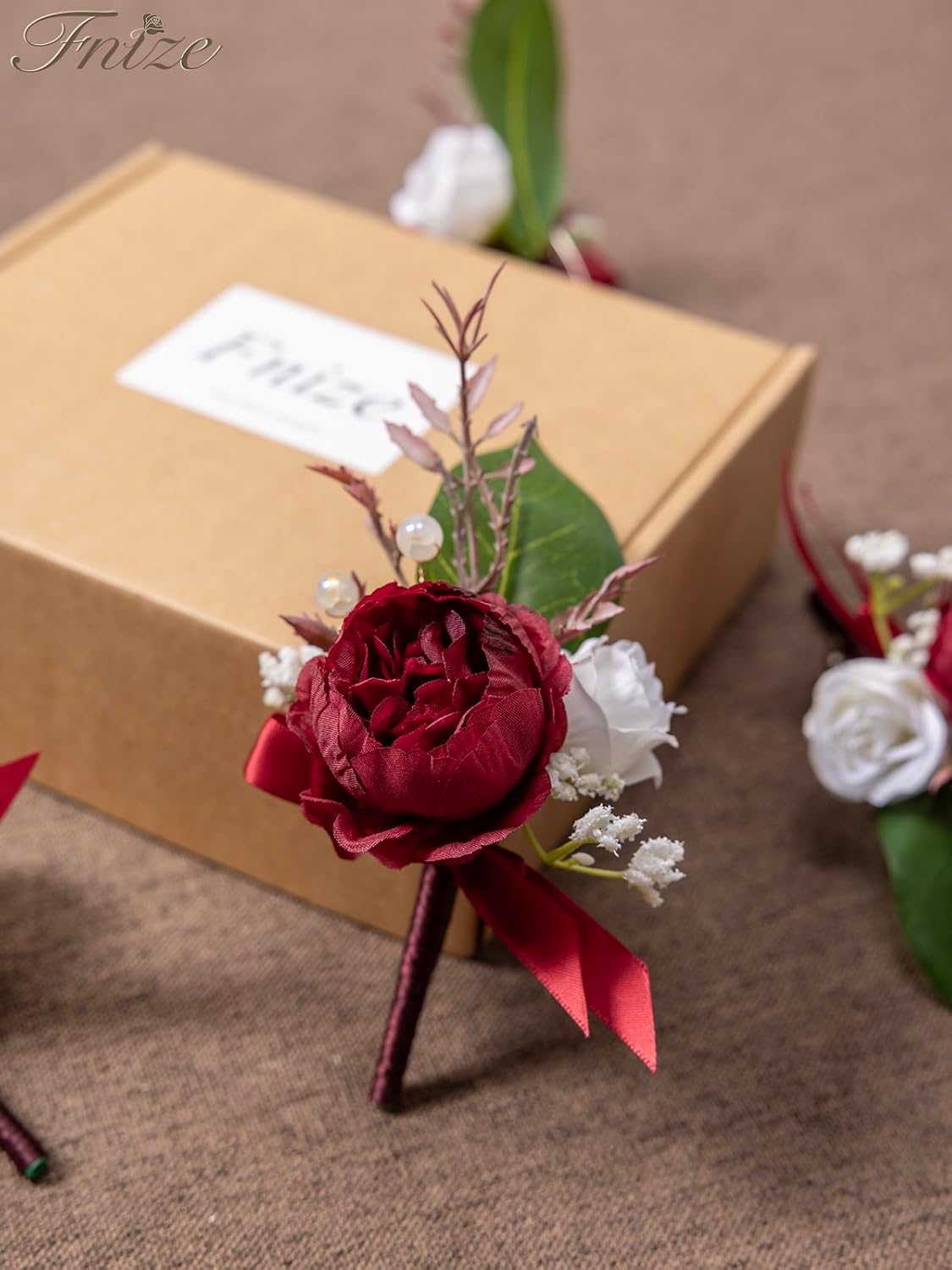 Fnize Boutonniere for Men Set of 6, Groomsmen Guest Boutonniere with Artificial Silk Flowers of Peony Rose, etc. for Wedding Graduation Prom Homecoming (Burgundy)