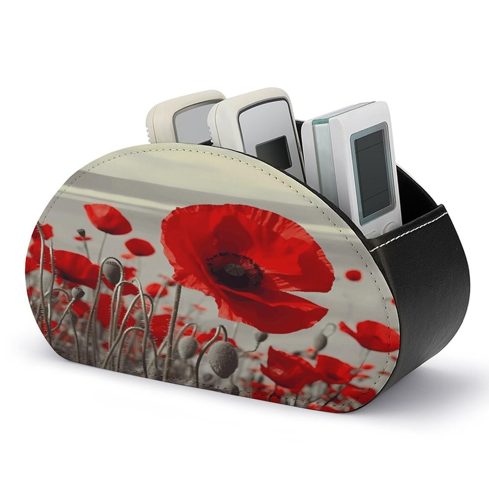 FekiLoot Red Poppy Flower Remote Control Holder, PU Leather Remote Control Organizer Box Stationery Remote Control Box Desk Storage Organizer for DVDs,Glasses,Pens,Media Players