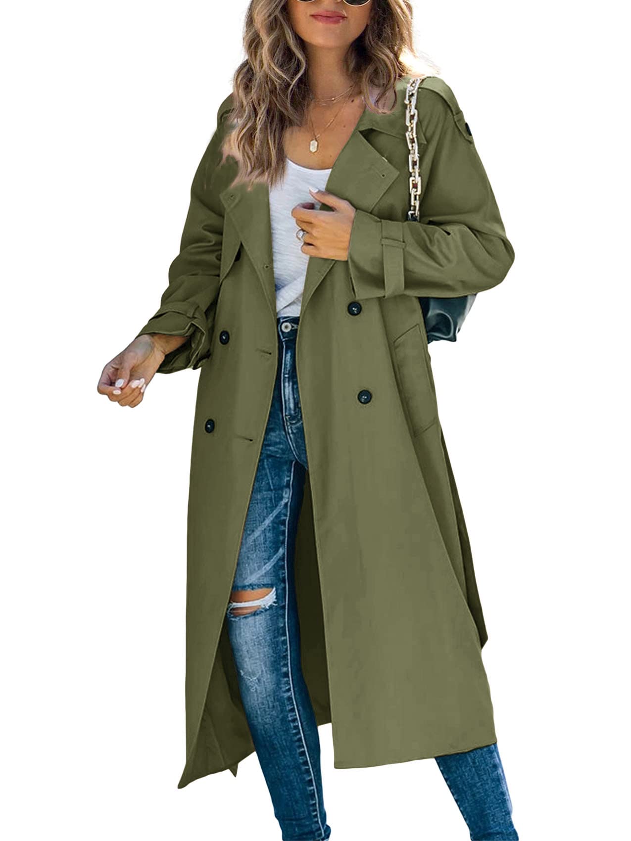 Womens Long Trench Coat Double Breasted Windproof Overcoat With Belt