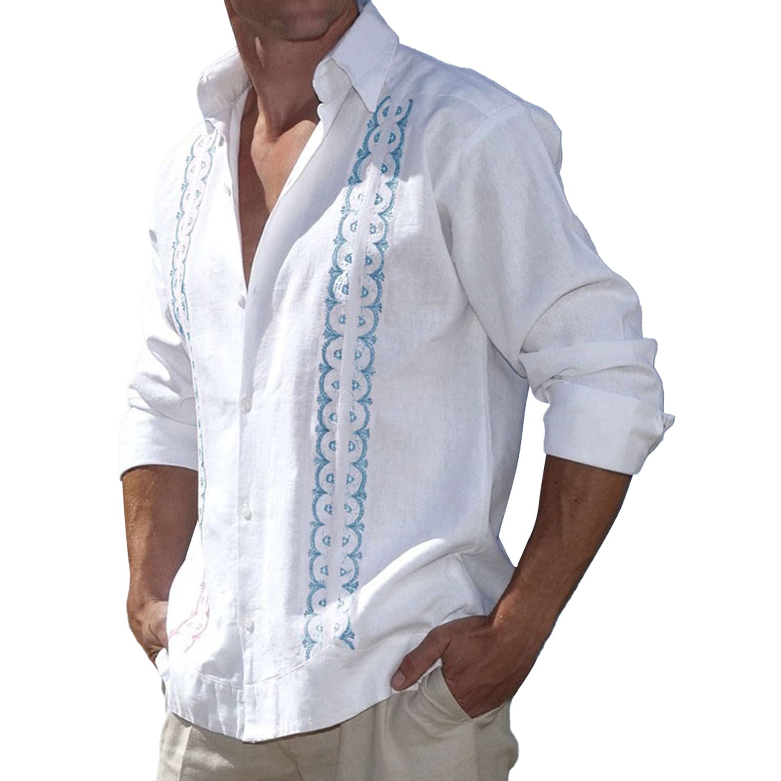 Loalirando Camisa de hombre de manga larga Camisa de hombre Slim Fit Camisa de vacaciones Boho Hombre Color sólido Algodón Lino Casual