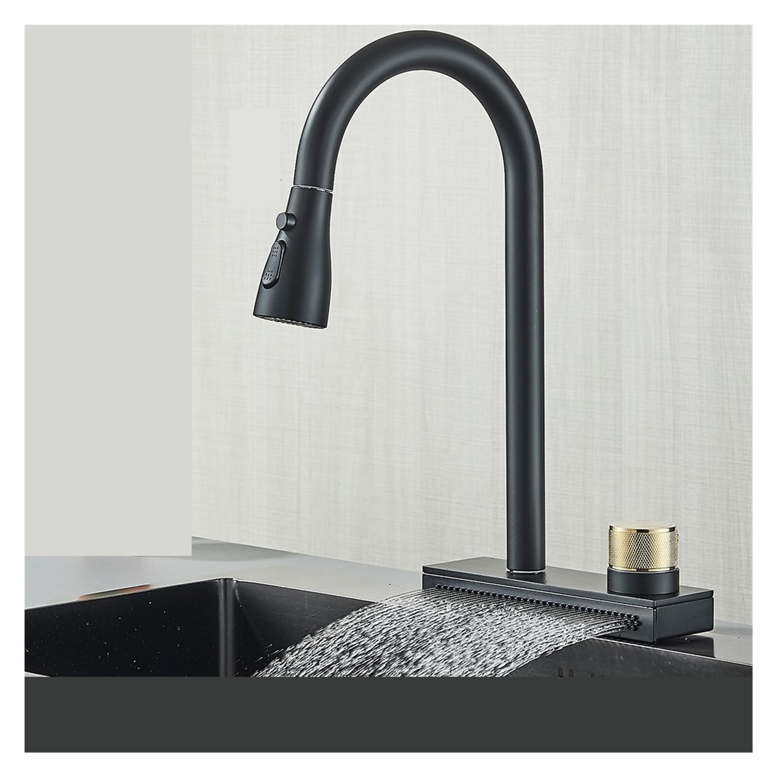 Robinet de cuisine noir cascade 4 fonctions mitigeur en laiton extractible