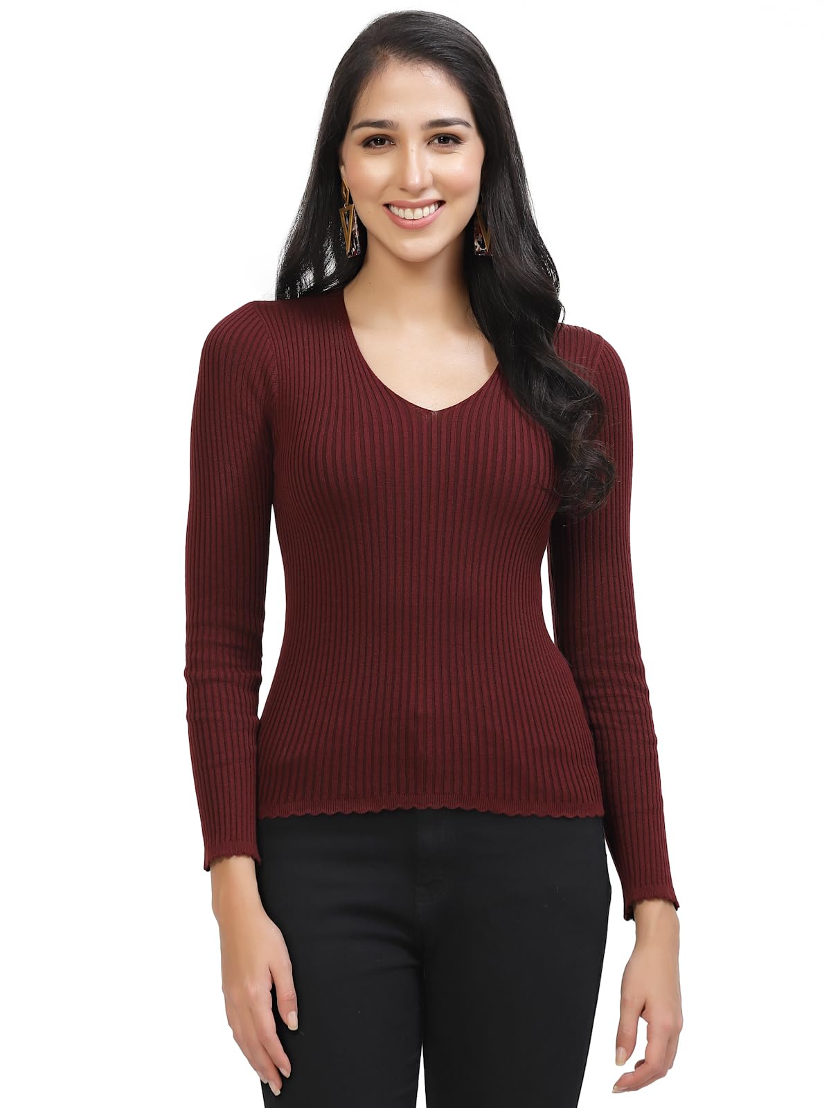 kalt Women's Full Sleeves V-Neck Ribbed Sweater-picture-28