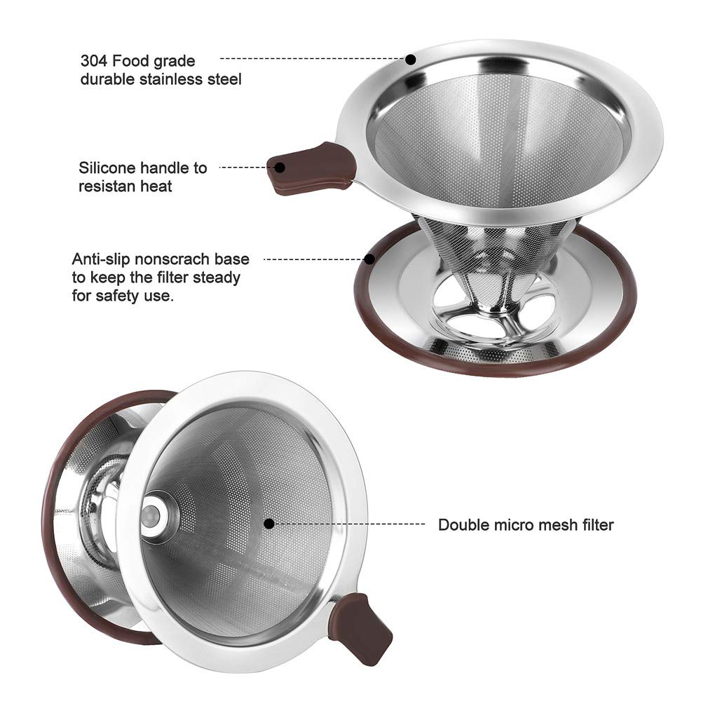 Filtro de café reutilizable sin papel, colador de café profesional de acero inoxidable, filtro de malla doble mejorado con soporte para tazas, 1-2 tazas