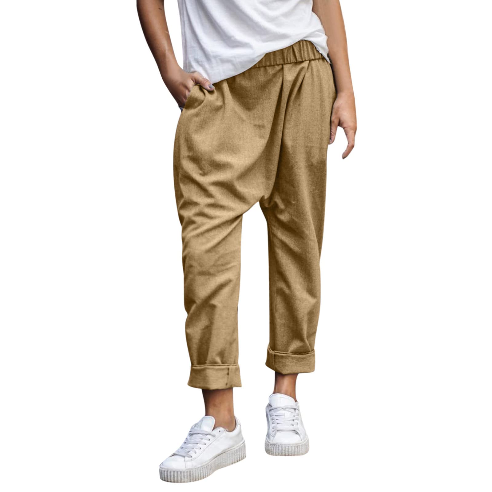 Womens Elastic High Waist Harem Pants Casual Comfy Pull-on Long Pants Solid Color Business Work Trousers